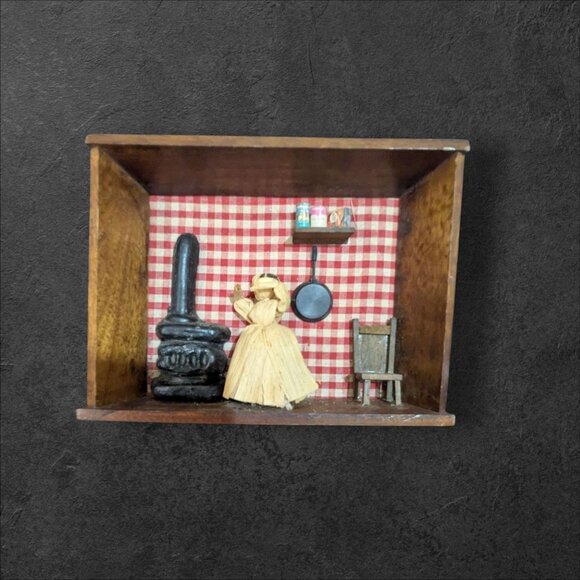 Vintage Wood Shadow Box Kitchen Scene Miniature Rustic Decor Handmade  Diorama - Picture 9 of 9
